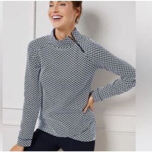 T by Talbots Asymmetric Zip Mockneck Pullover Sweater Navy White Rouen Geo 3XP